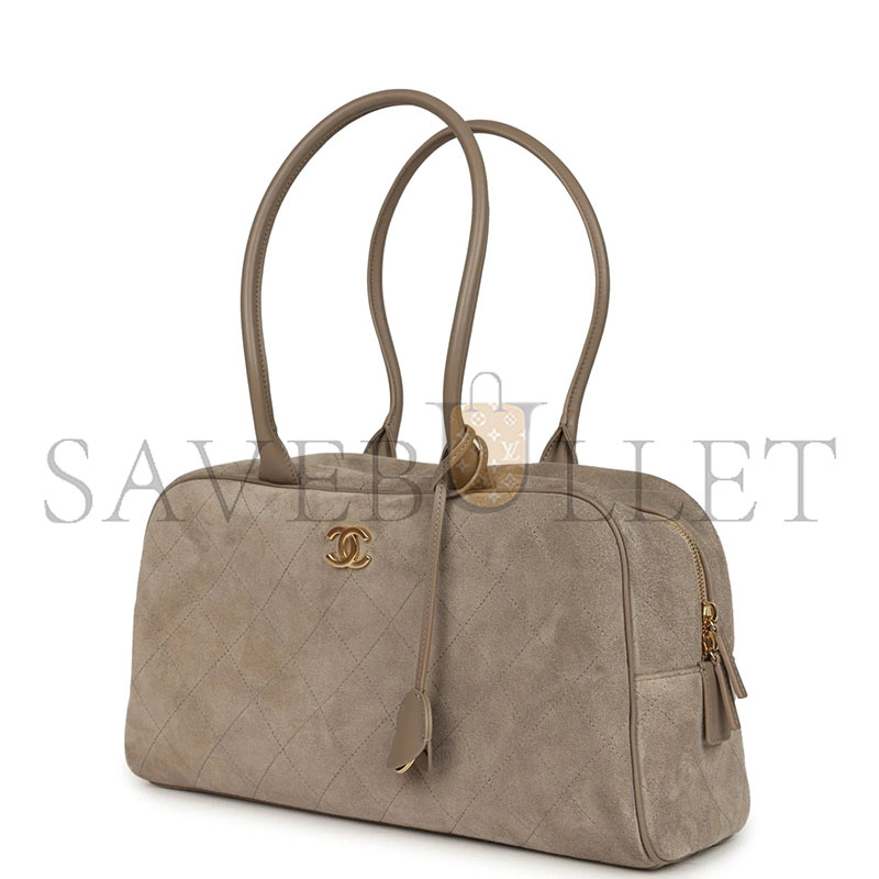 CHANEL MASTER LARGE PERFECT BOWLING BAG DARK BEIGE SUEDE GOLD HARDWARE AS62110 (35.5*19*12.5cm)